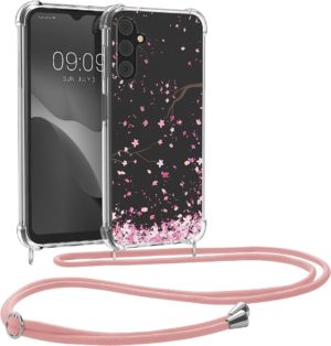 KWmobile Διάφανη Θήκη Σιλικόνης με Λουράκι Λαιμού - Samsung Galaxy A14 - Cherry Blossoms / Cherry Petals / Pink / Dark Brown / Transparent (61332.02) 61332.02
