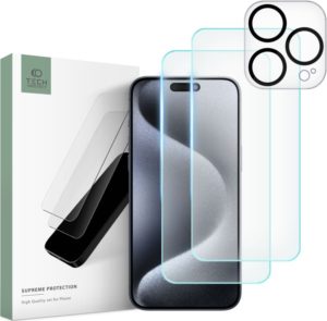 Tech-Protect Supreme Set - Σετ Tempered Glass 2 x Αντιχαρακτικά Προστατευτικά Οθόνης και 1 x Κάμερας - Apple iPhone 15 Pro - Clear (9319456604719) 115737
