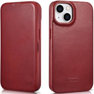 iCarer Curved Edge Oil Wax Leather Folio - Δερμάτινη MagSafe Flip Θήκη-Πορτοφόλι - Apple iPhone 14 Plus - Red (AKI14220707-RD) AKI14220707-RD