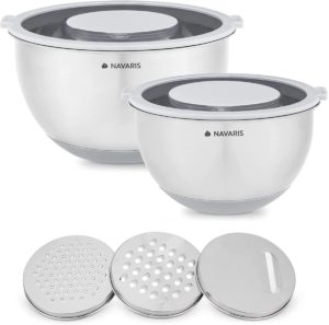 Navaris Stainless Steel Mixing Bowls and Graters - Σετ με 2 Μεταλλικά Δοχεία Φαγητού με Καπάκι και 3 Τρίφτες - Grey (49210.02.22) 49210.02.22