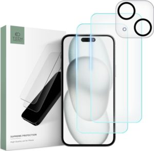 Tech-Protect Supreme Set - Σετ Tempered Glass 2 x Αντιχαρακτικά Προστατευτικά Οθόνης και 1 x Κάμερας - Apple iPhone 15 - Clear (9319456604696) 115736